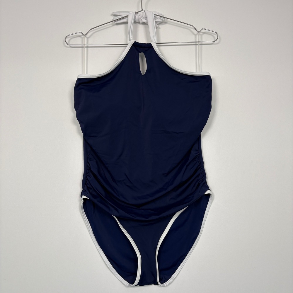 Freya Women Swimsuit 38DDD Navy Blue White Halter Ruched One Piece In the Navy
